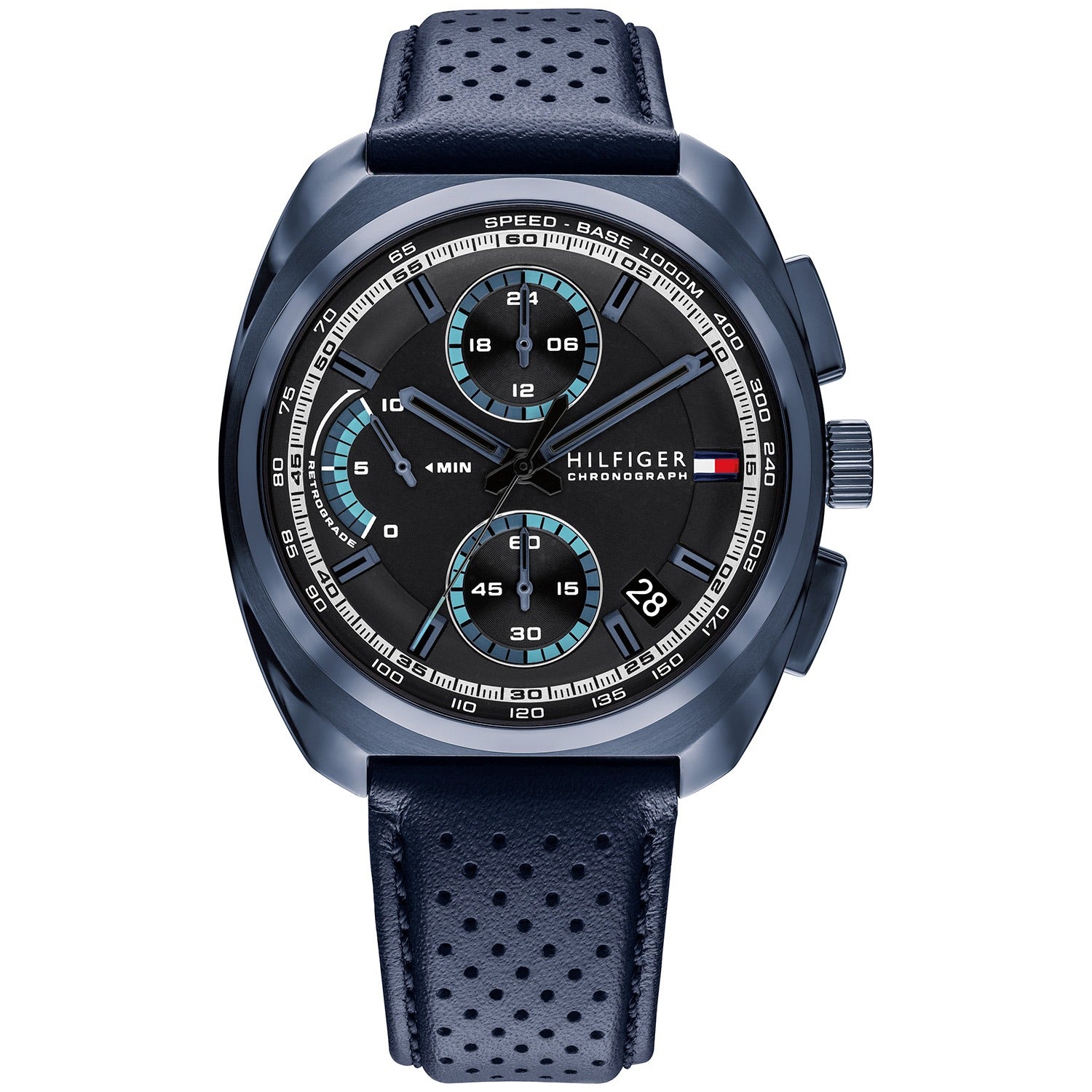 Herren-Chronograph: dunkelblaues perforiertes Lederband, schwarzes Gehäuse, blaues Zifferblatt