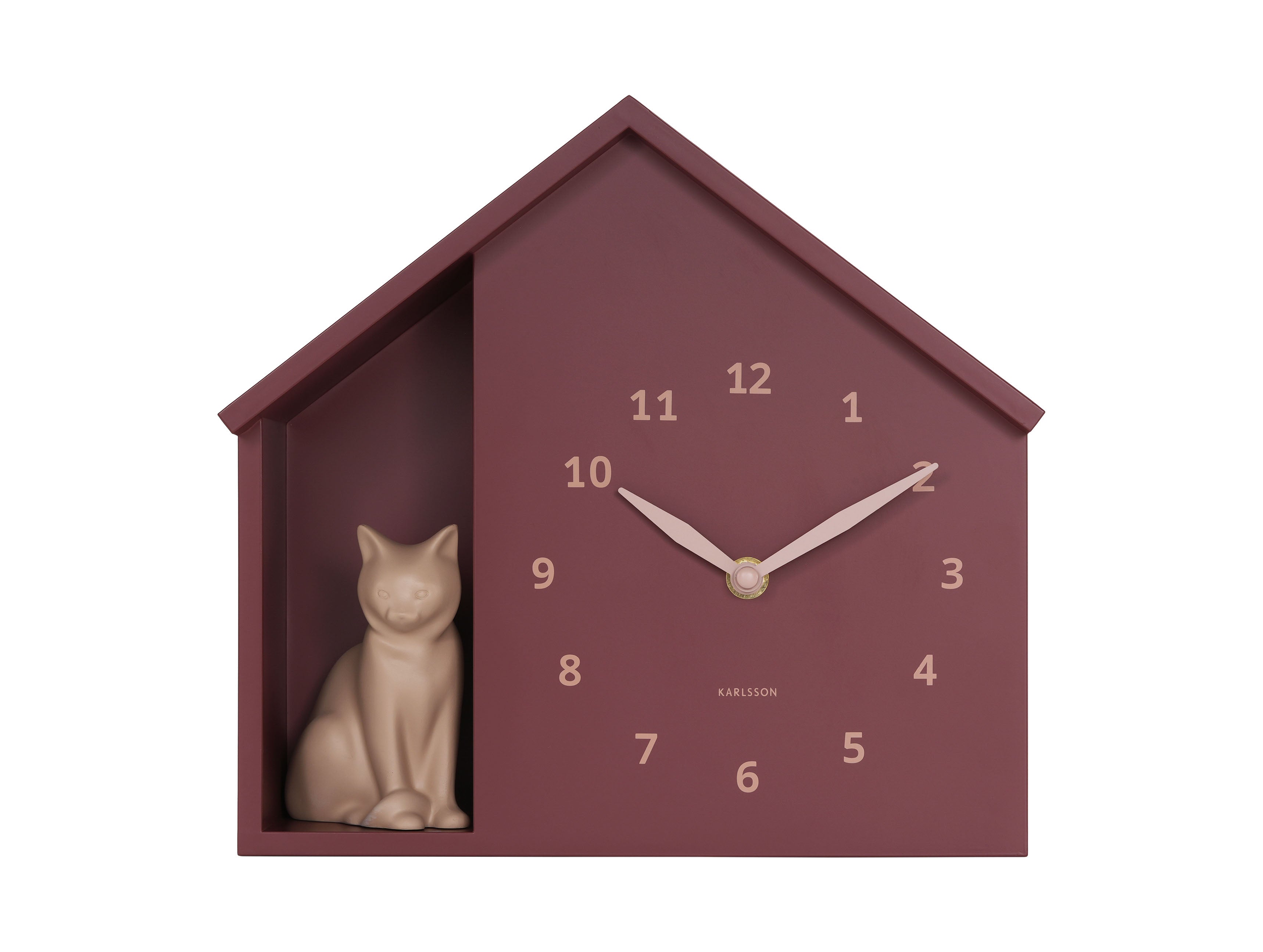 Karlsson Sitting Cat KA6099RD Wanduhr Burgunderrot • Katzen-Miauen zur vollen Stunde • Geräuschloses Sweep-Uhrwerk