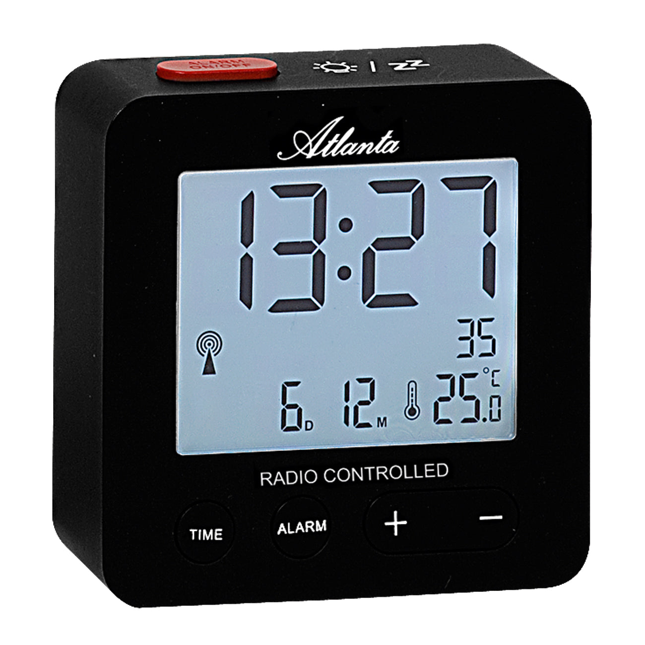 Schwarze Funk-Weckuhr mit Digitalanzeige, Datum, Temperatur und Alarmtasten