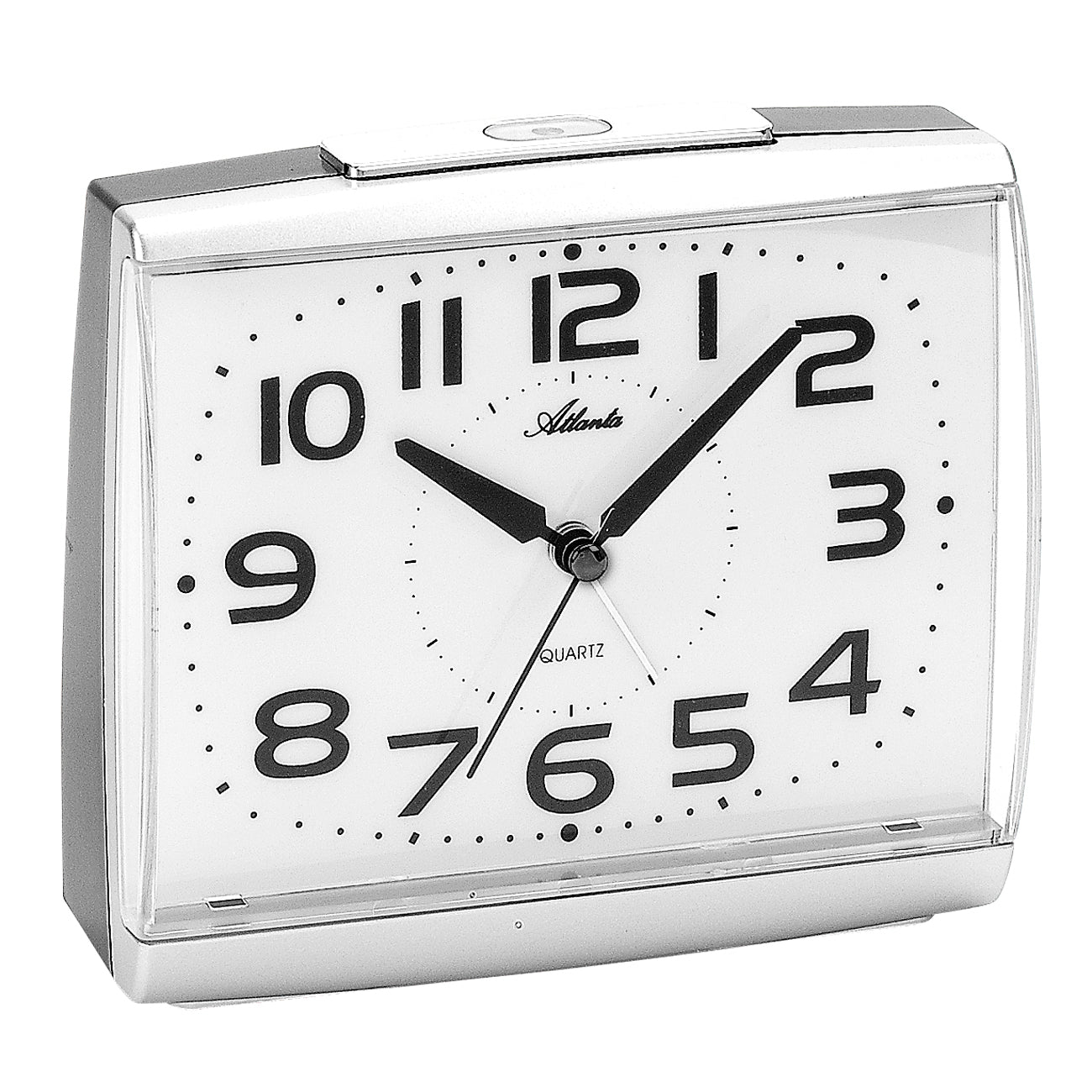 Silberne Weckeruhr mit anthrazitfarbenem Zifferblatt und Glasfront, Analoganzeige.