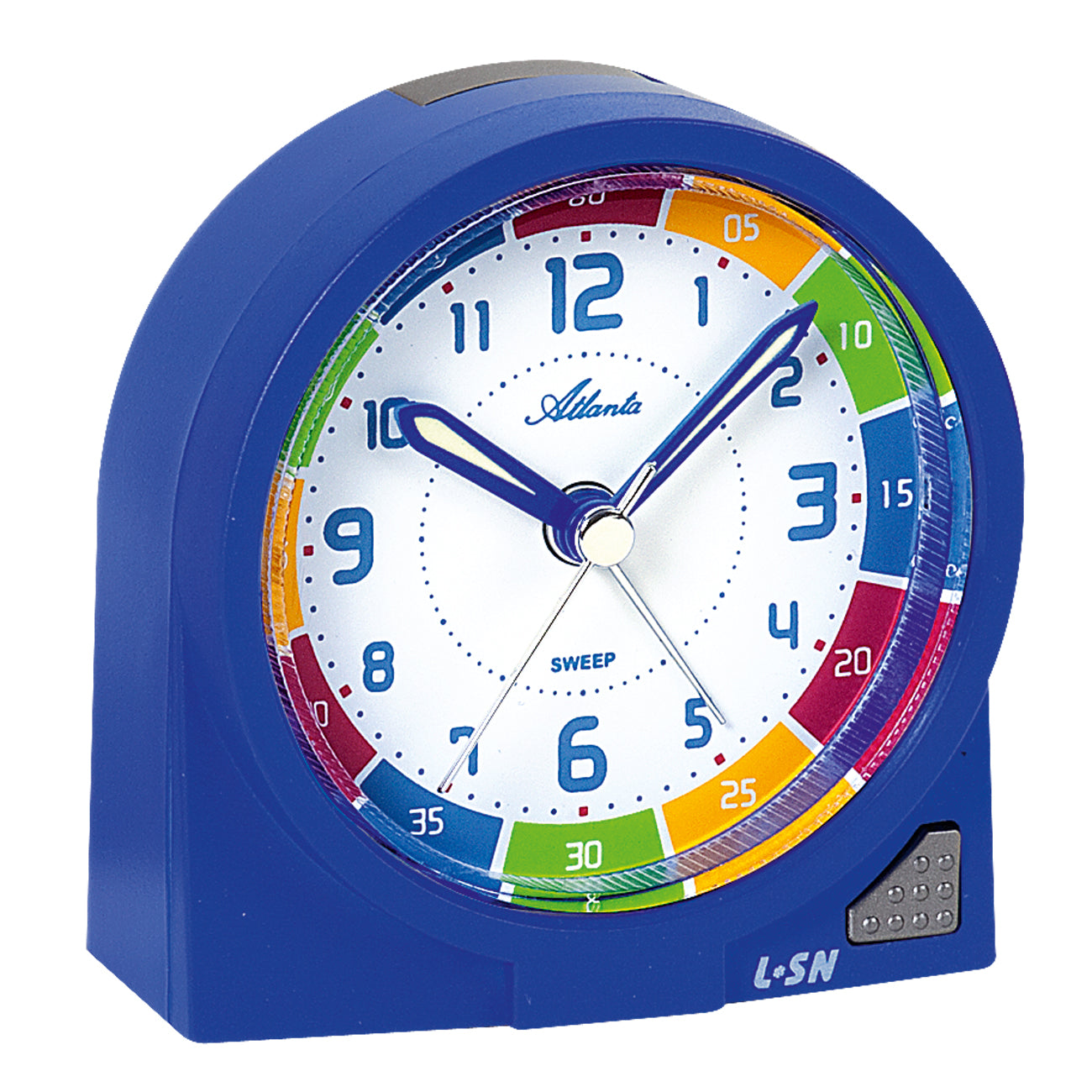 Blauer Kinderwecker mit analogem Zifferblatt, bunten Zahlen und Leuchtelement unten rechts