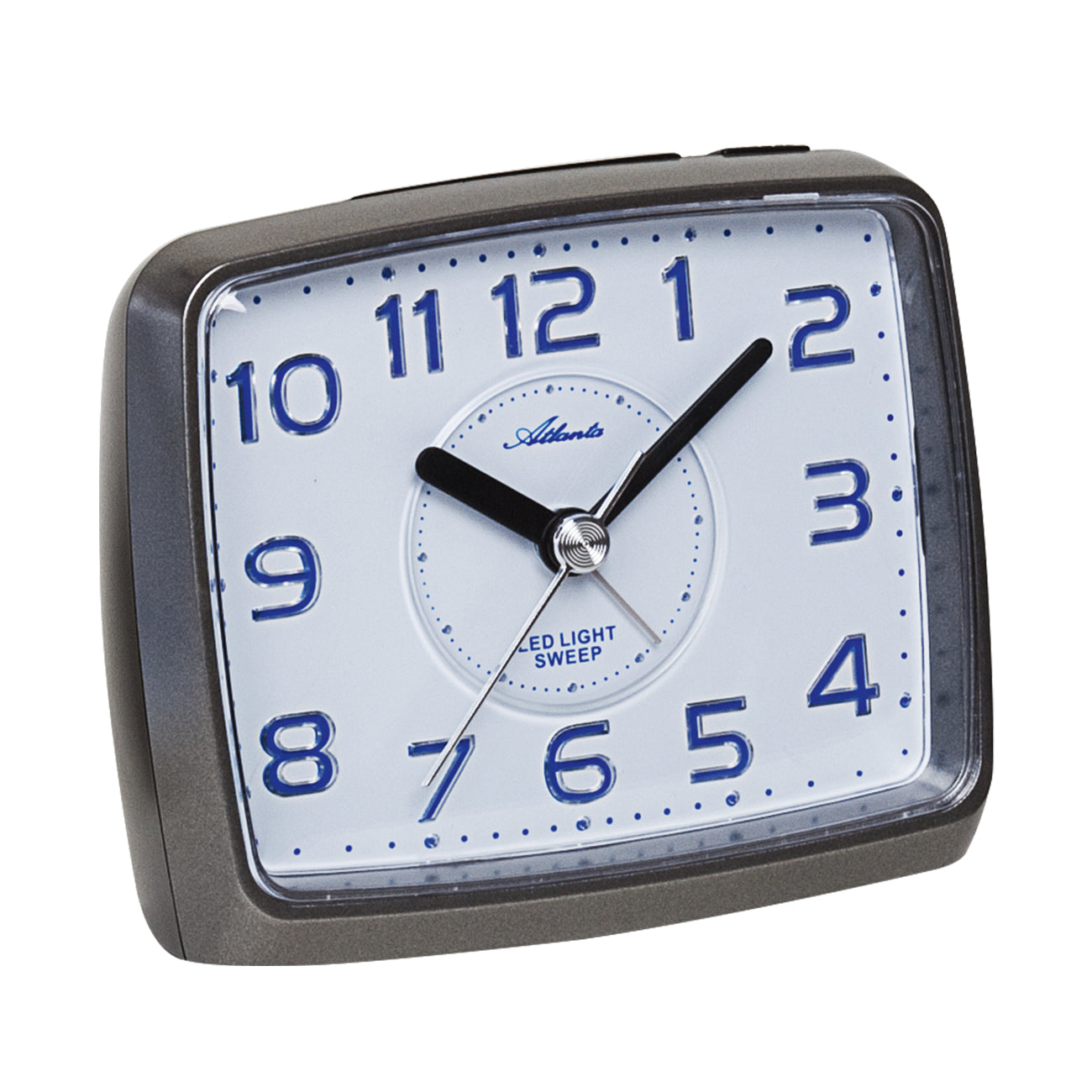 Grau-schwarzer Wecker mit weißem Ziffernblatt, blauen Zahlen und Zeigern