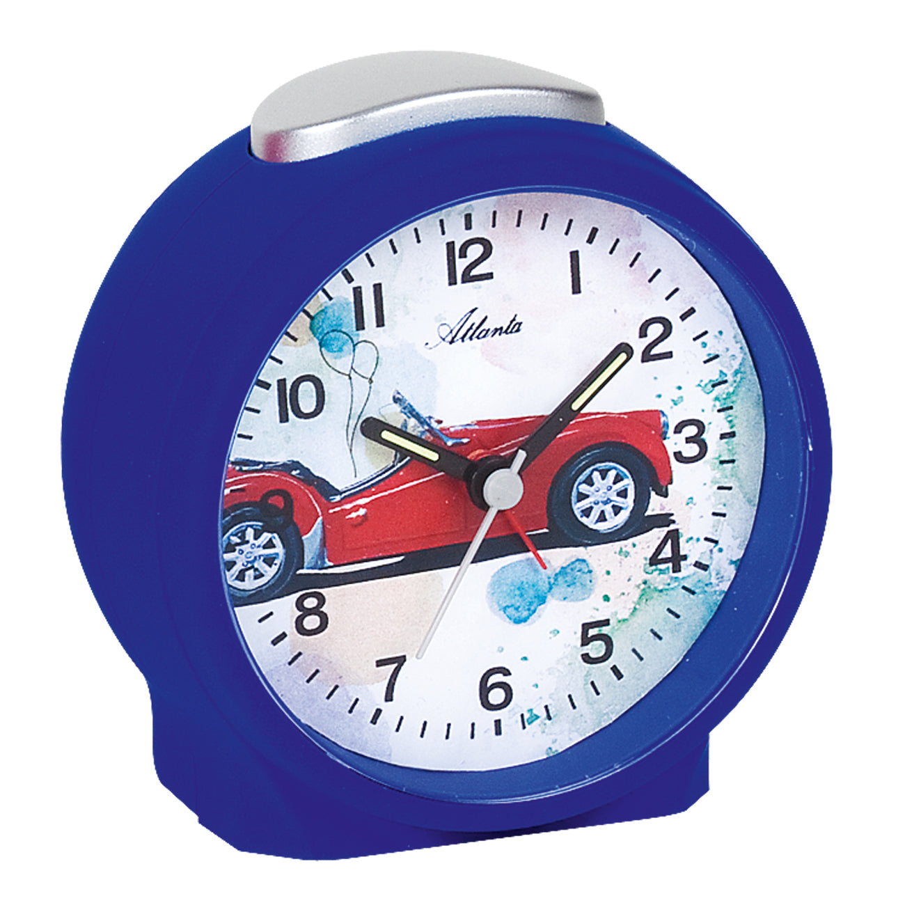 Wecker mit blauem Gehäuse, weißem Zifferblatt mit roten Autos und blauer Akzenten