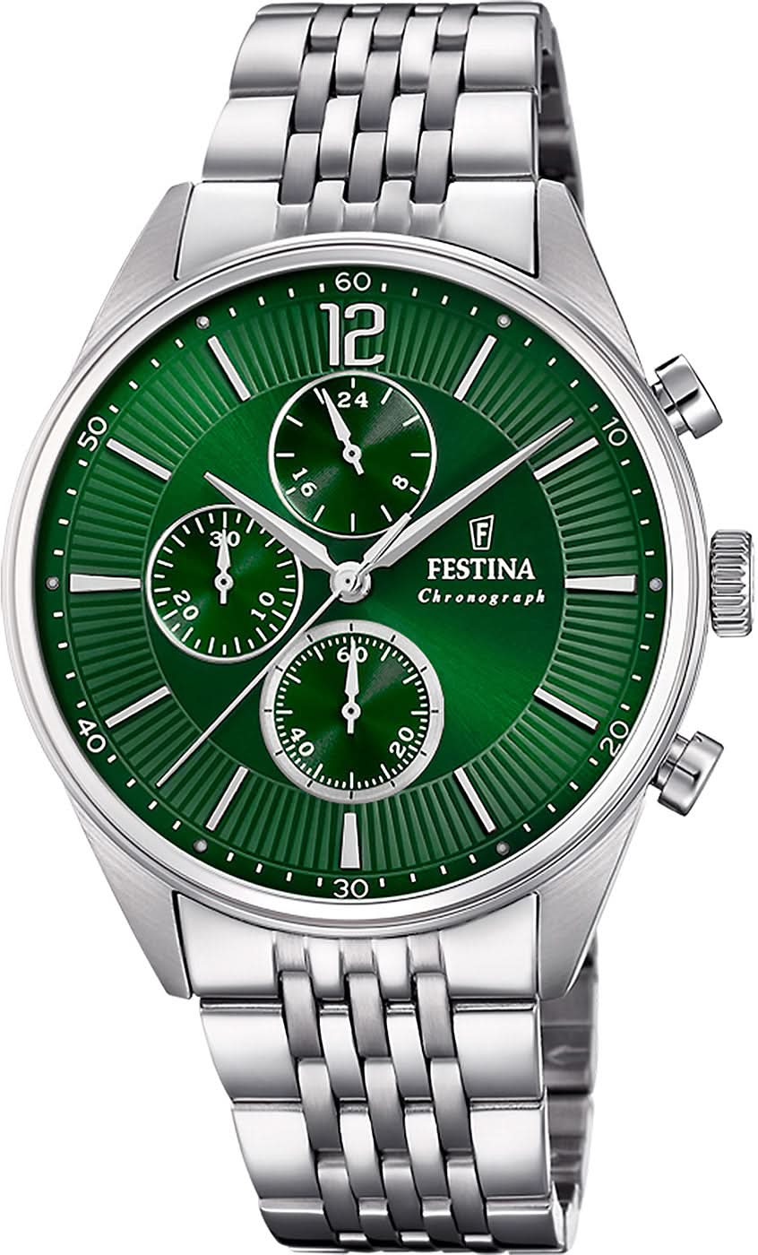 Festina Timeless Chronograph F20285/8 Men's Watch • Stainless Steel • Green Dial