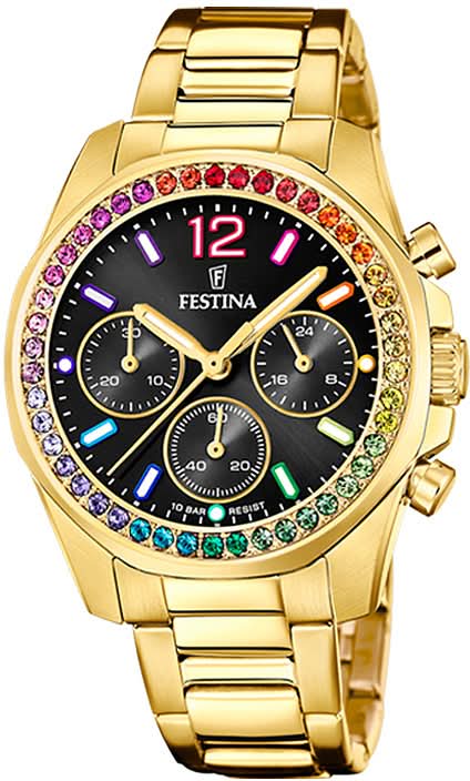 Festina Rainbow F20609/3 Women's Watch • Gold-Tone Stainless Steel • Colorful Bezel