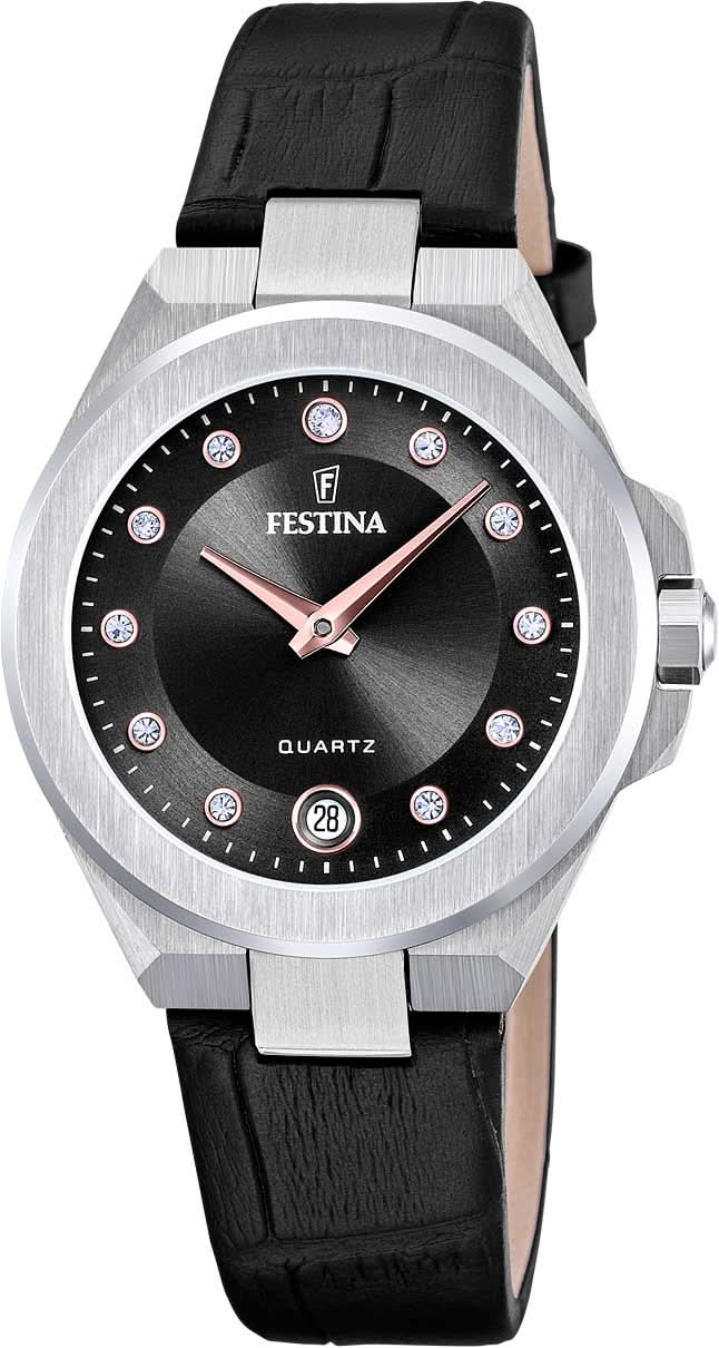 Festina Mademoiselle F20701/5 Women's Watch • Elegant Crystal Design • Stainless Steel & Leather