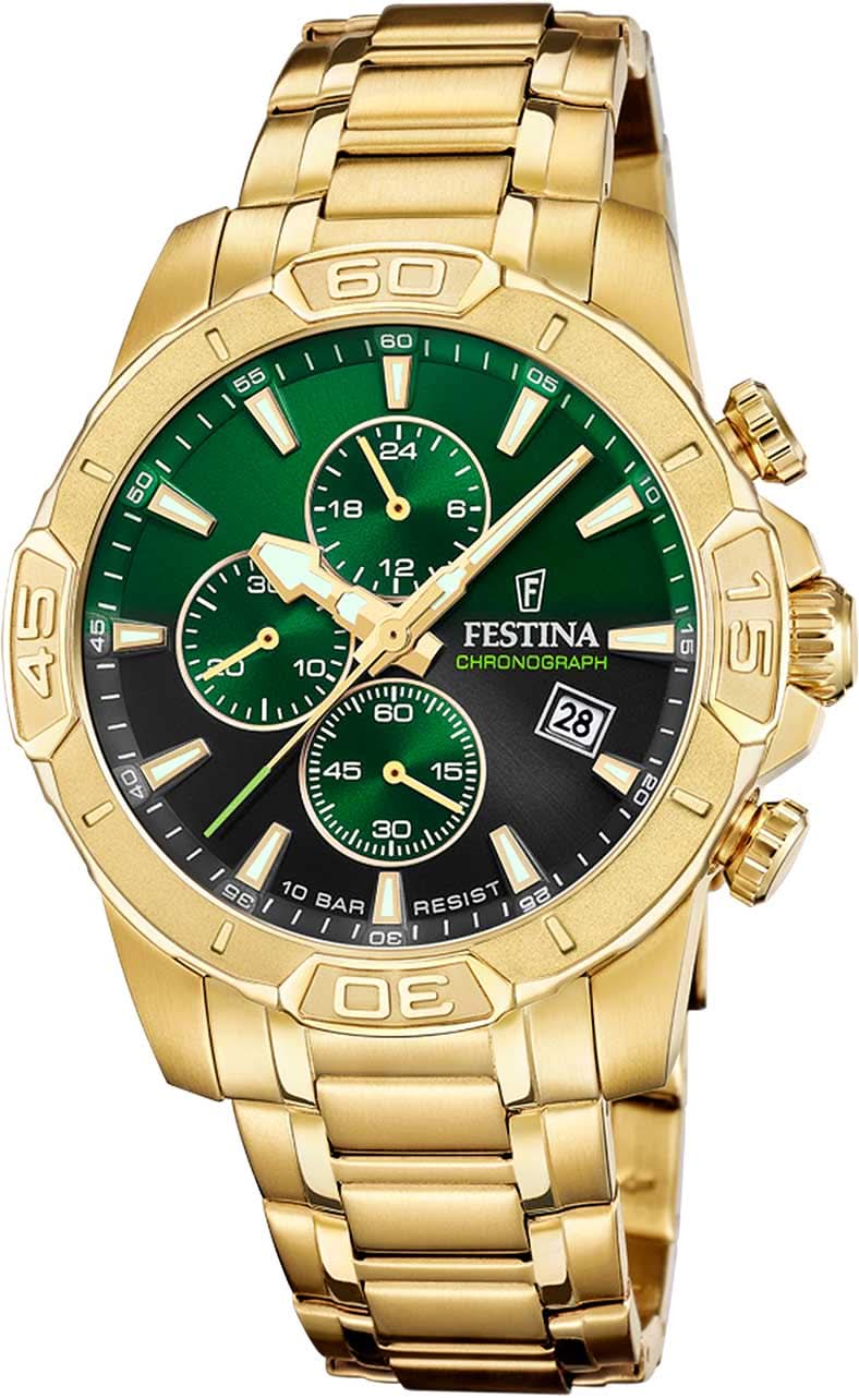 Festina Timeless Chronograph F20705/6 Men's Watch • Gold Design & Green Dial • 10 ATM Water Resistant