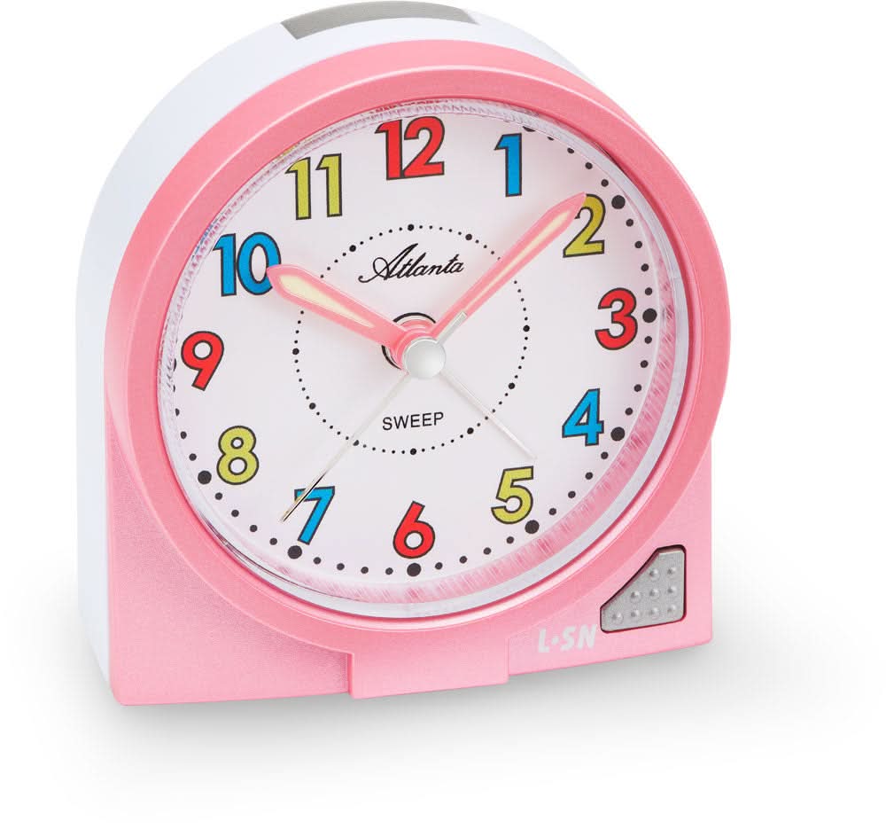 Atlanta Children's Alarm Clock Pink 8x8x3.5cm Plastic • Silent thanks to sweeping second hand • With light and snooze function