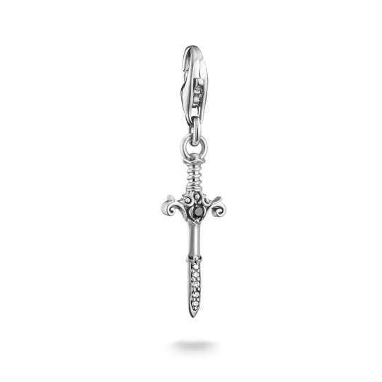 Silver pendant with sword motif, cubic zirconia, and delicate ornaments