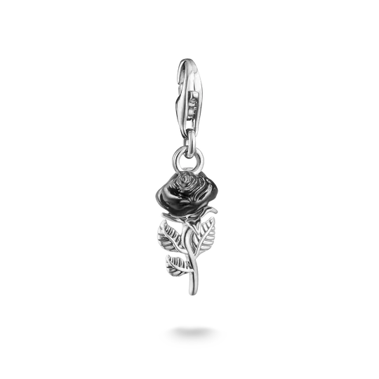 Silver-colored charm pendant with enameled rose and bail