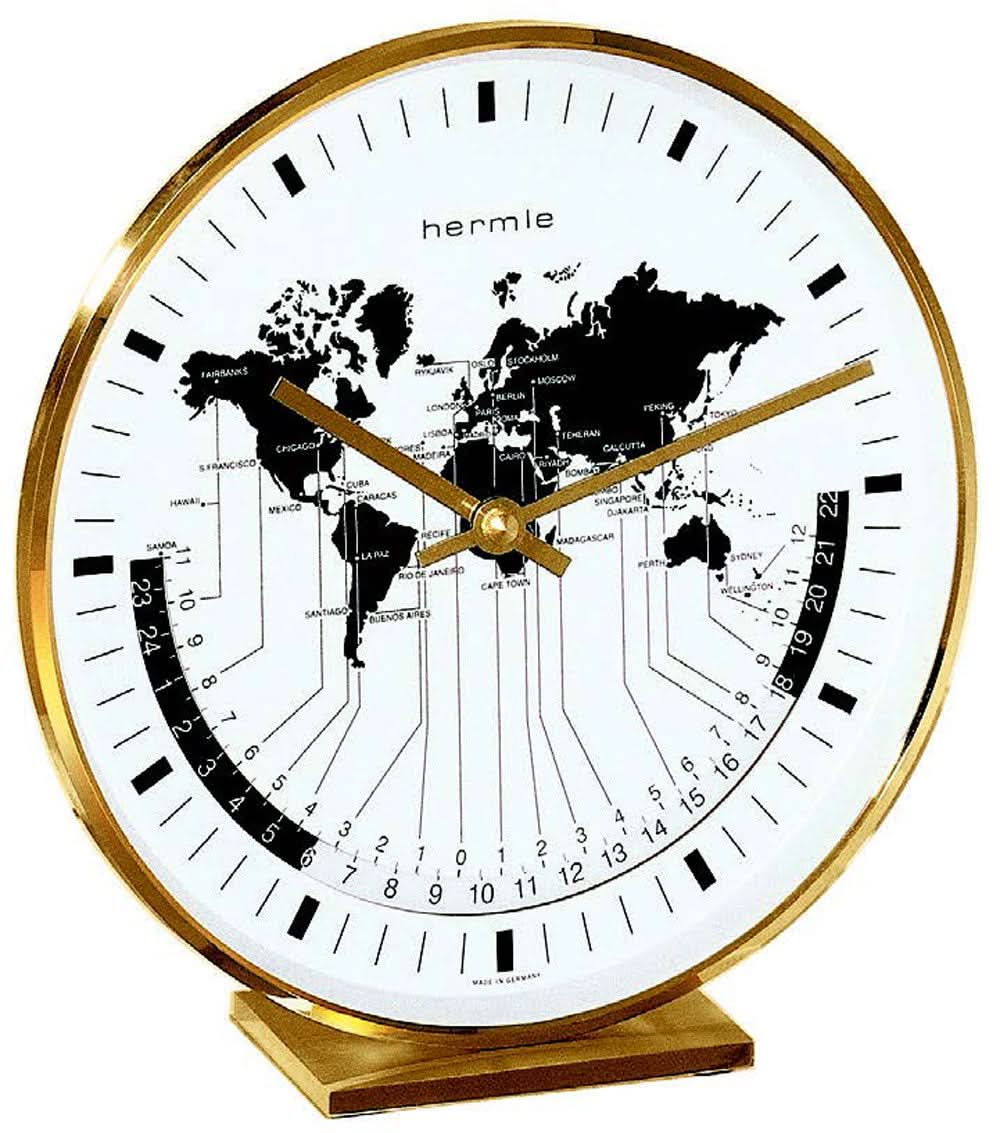 Hermle Table Clock 19x18x6.5 cm Brass • Precise Quartz Movement • World Time Display