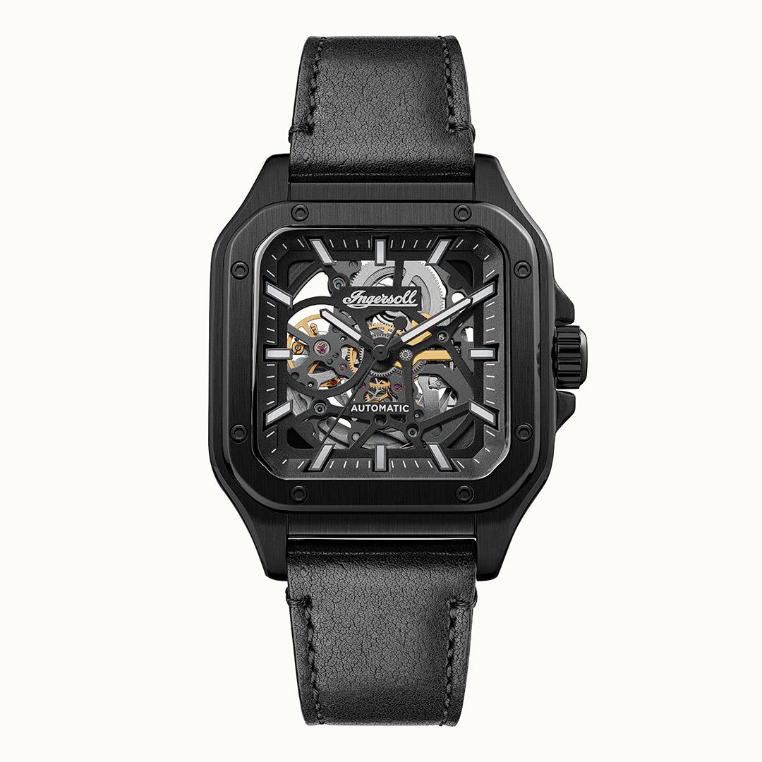 Schwarze Herrenarmbanduhr mit schwarzem Lederarmband, skelettiertes Zifferblatt, Automatikwerk