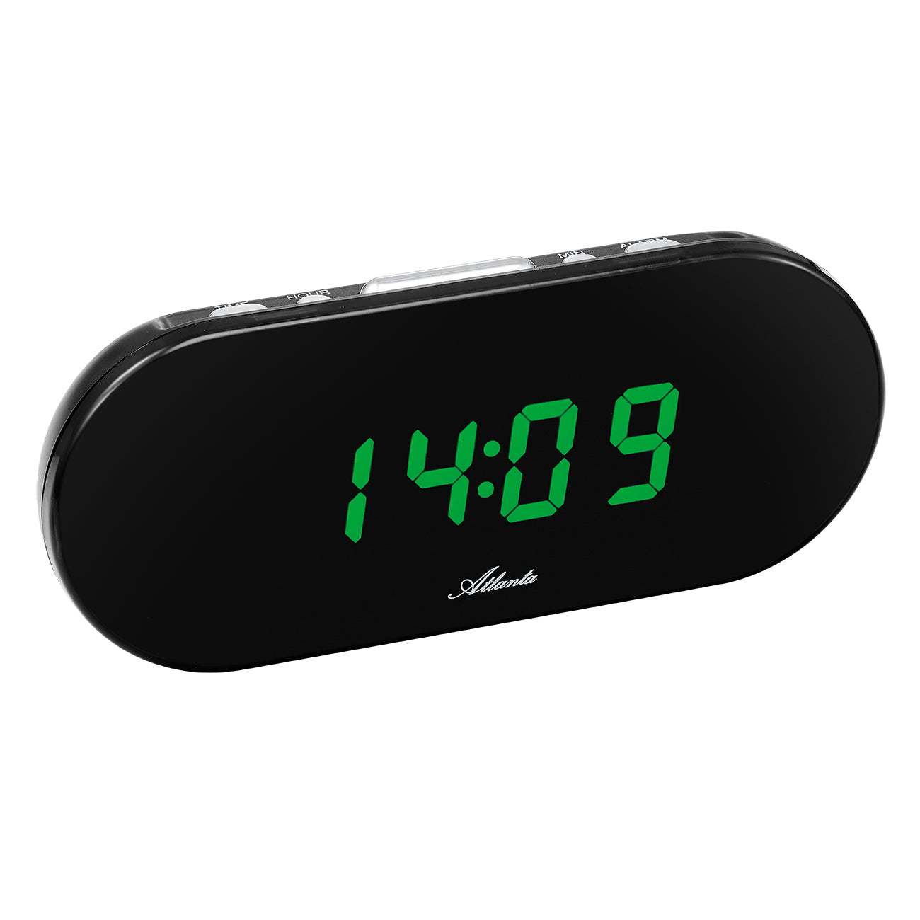 Atlanta LED-Wecker, schwarzes Gehäuse mit grünem Display, zeigt 14:09
