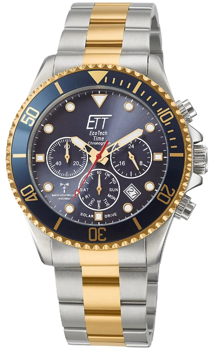 Herrenuhr: Edelstahlarmband, blaues Zifferblatt, goldene Lünette, ETT