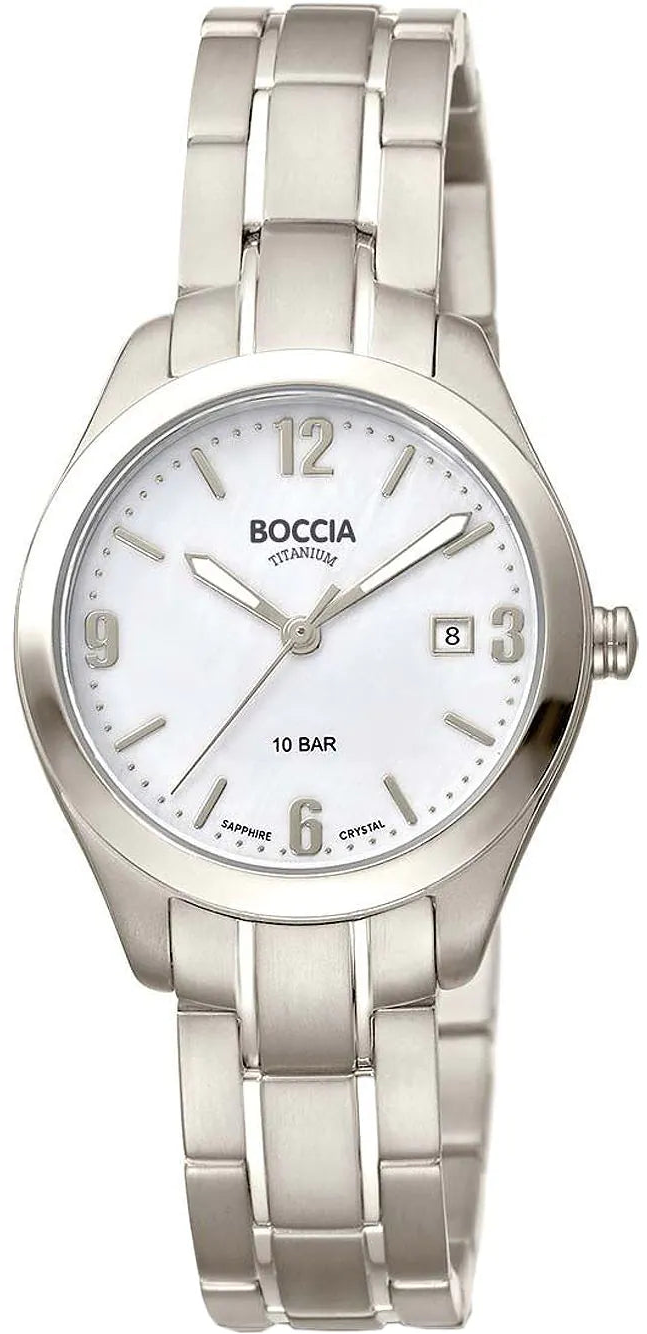 Boccia Damenuhr mit silberfarbenem Metallarmband, rundem weißem Zifferblatt und Datumsanzeige
