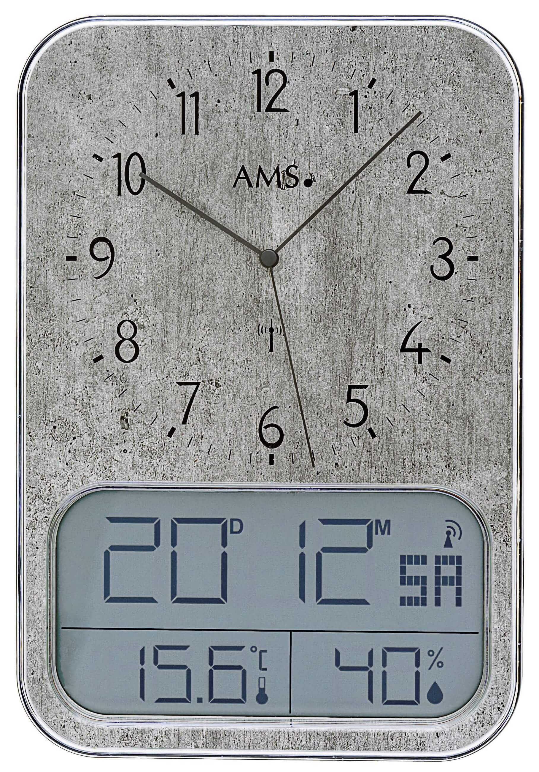 Wall clock with radio-controlled digital display for time, temperature, and humidity