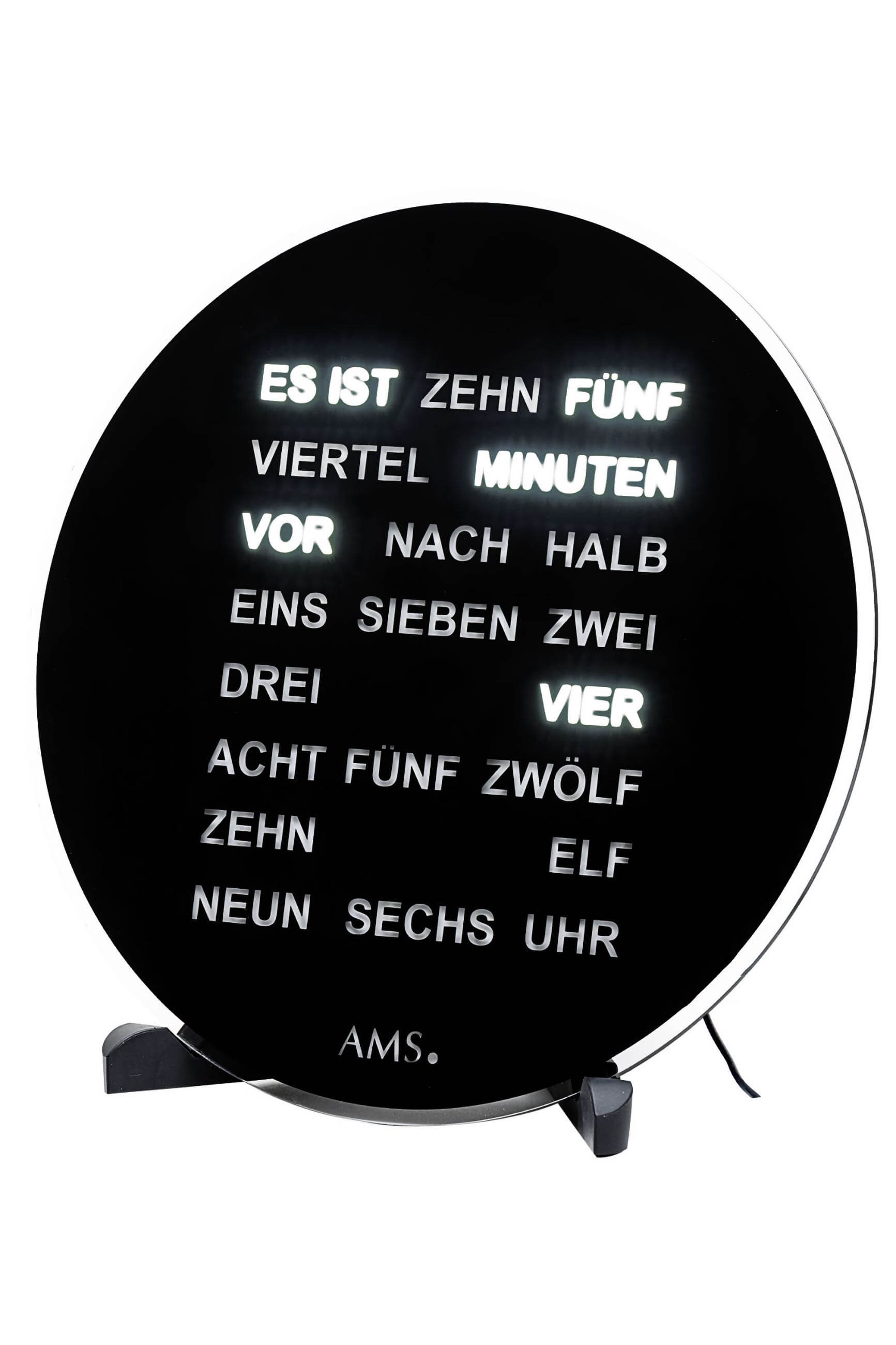 Black round wall clock with Arabic numerals and two feet