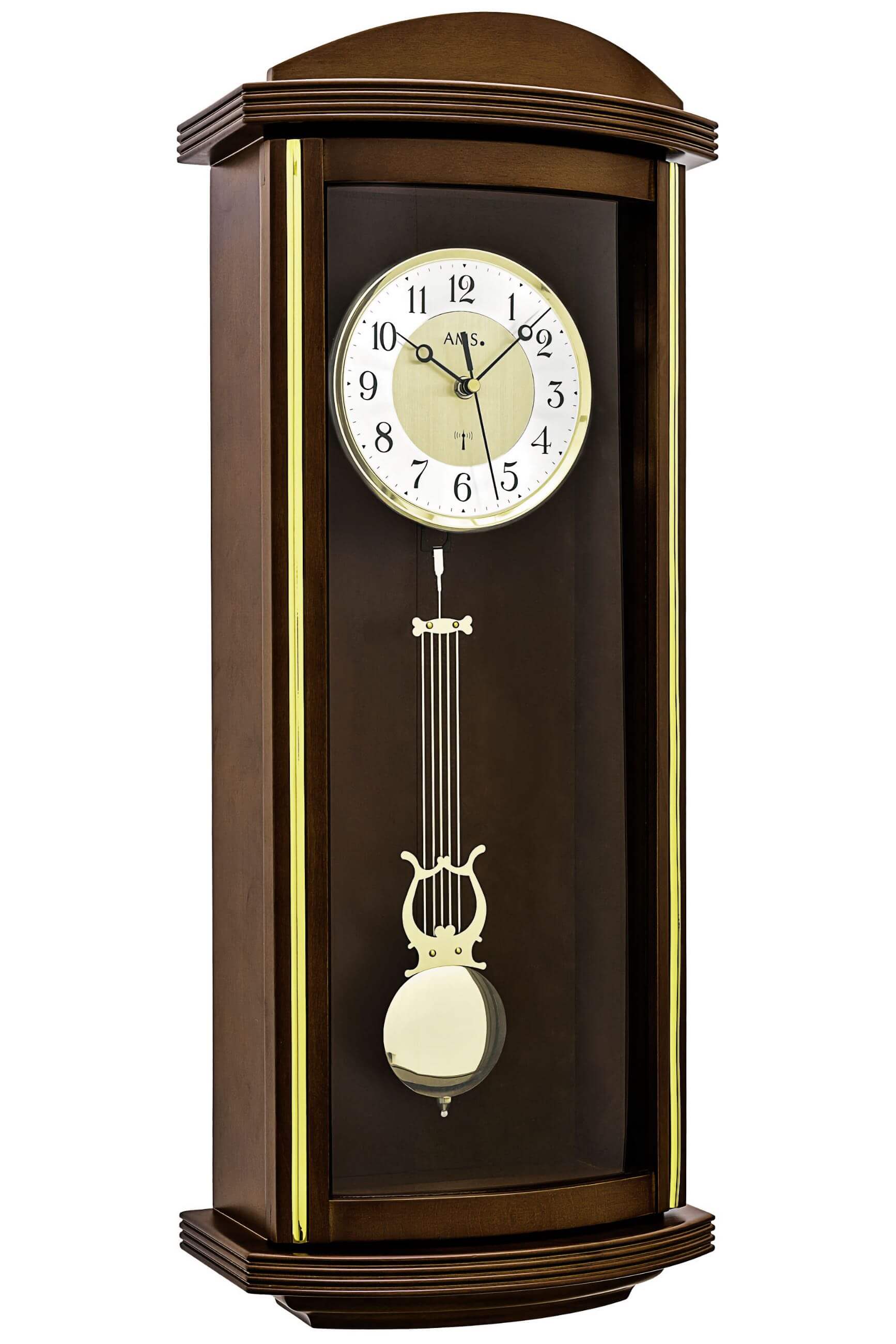 Wall clock with dark wood case and round dial; visible pendulum