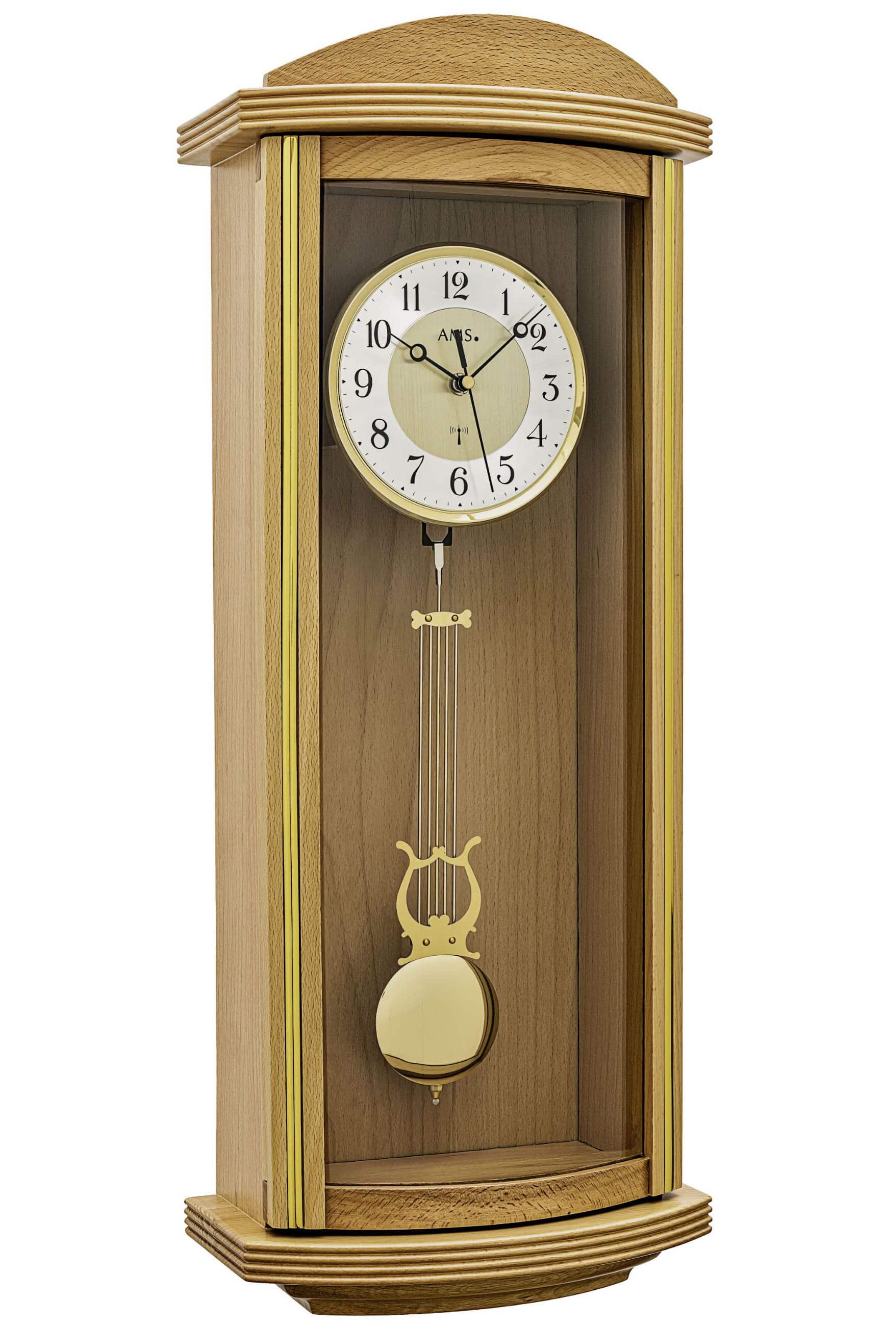 Wooden wall clock with round dial and swinging pendulum, oak finish