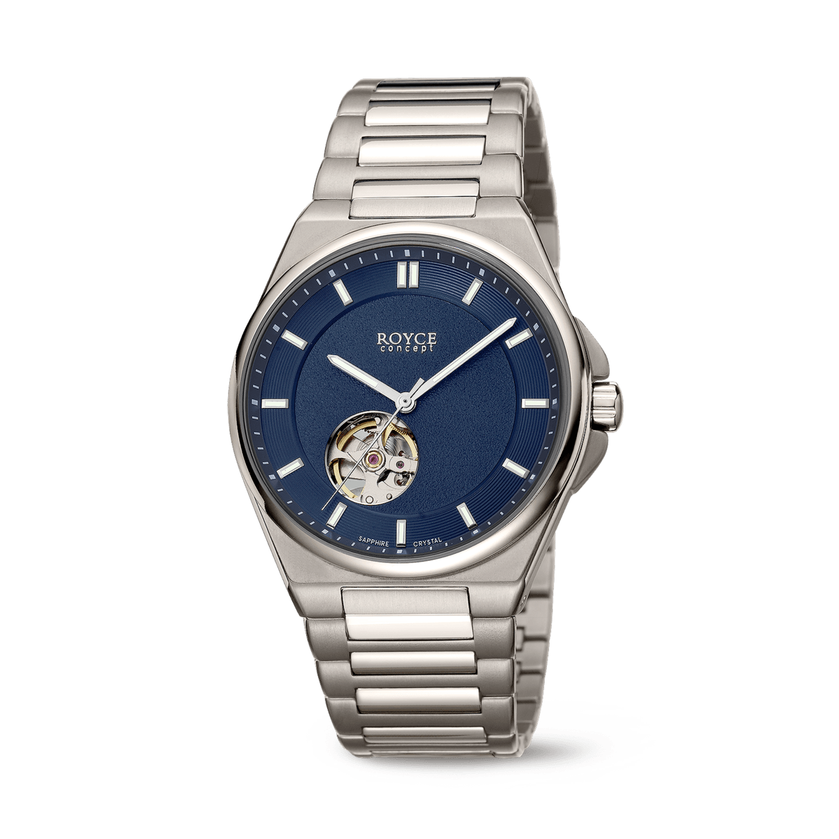 Herrenarmbanduhr Royce Automatik mit Stahlband, blauem Zifferblatt und sichtbarem Uhrwerk