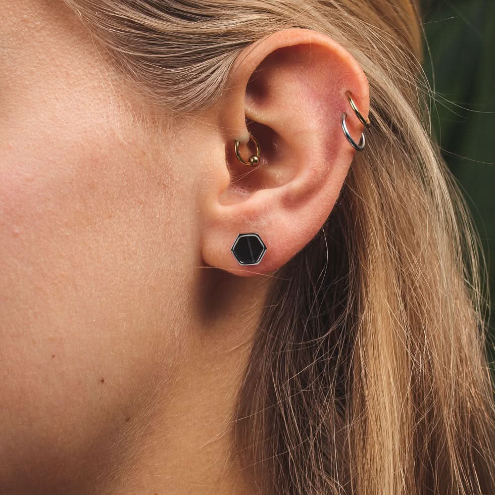 Facade Earrings, Rectangular with Black Marble - Wood Core Model: Jewelry