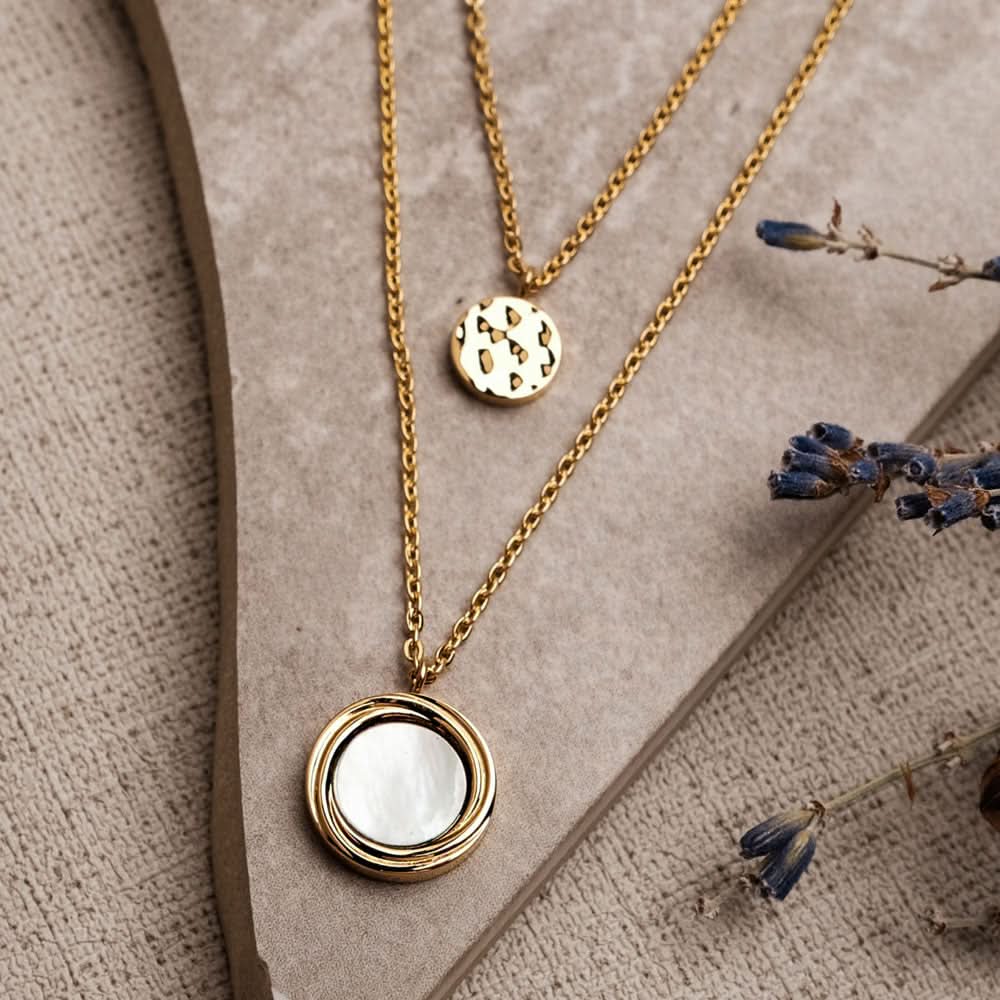 Zendala Layering Necklace Mother-of-Pearl/Gold - Wood Core Model: Jewelry