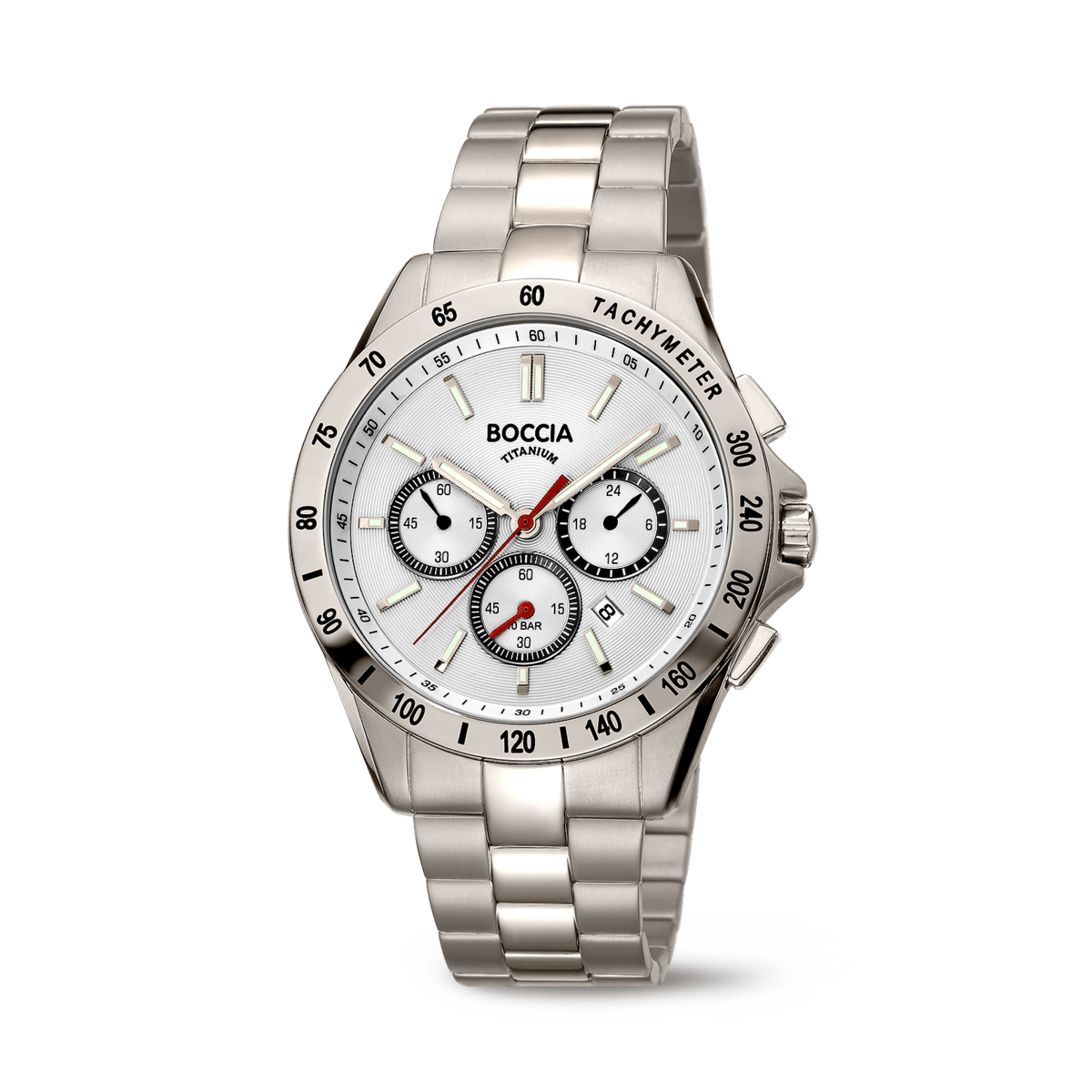 Boccia Herren-Armbanduhr, silbernes Metallband, weißes Chronographenzifferblatt