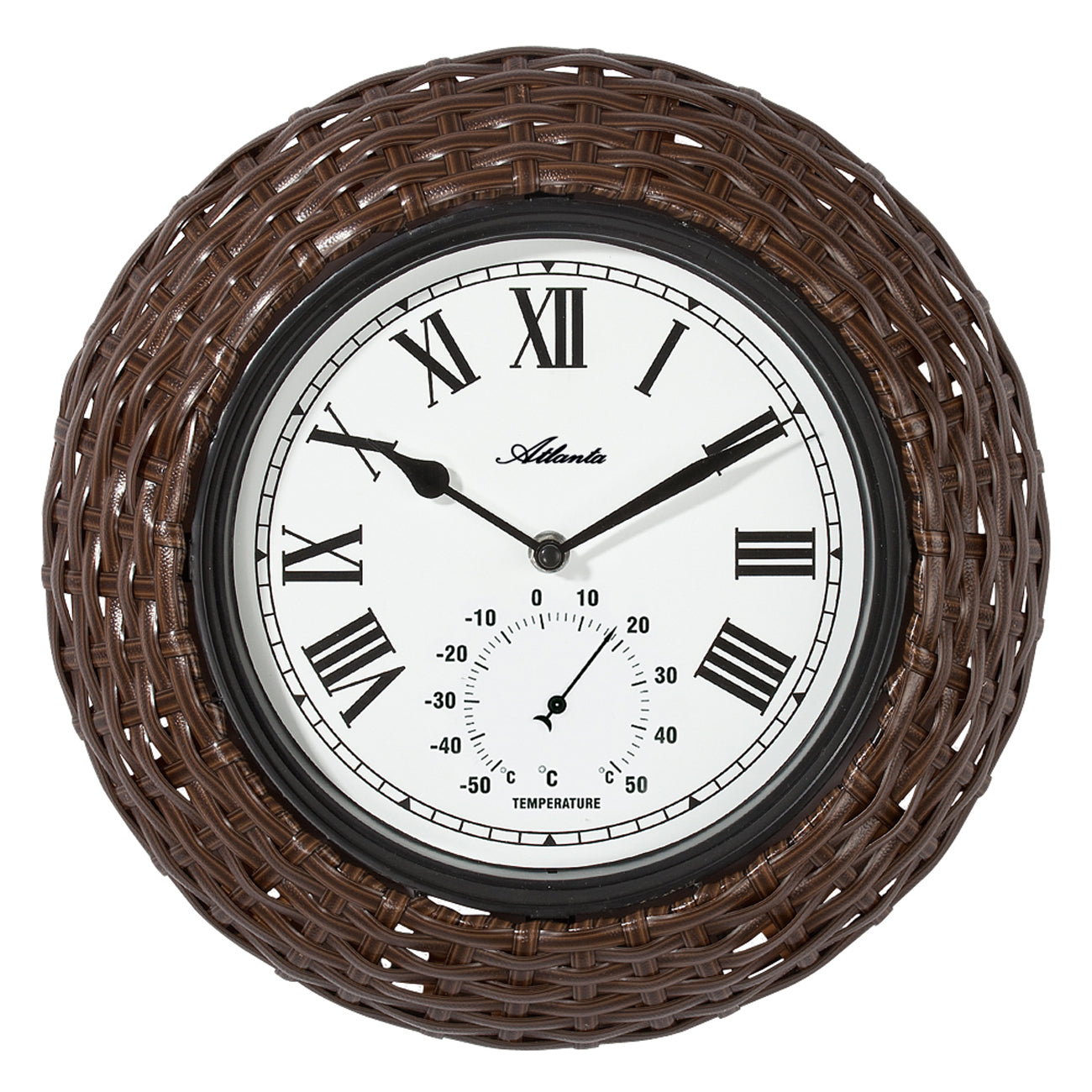 Runde Wanduhr mit braunem Flechtrahmen, römischen Ziffern und Temperaturanzeige
