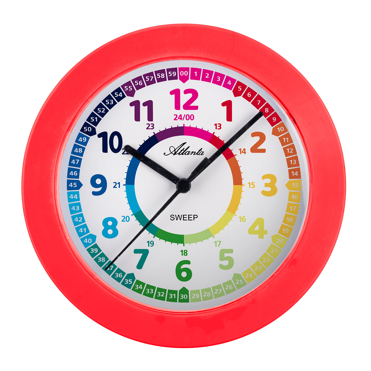 Runde Wanduhr mit rotem Rahmen, weißem Zifferblatt und farbigen Lernziffern