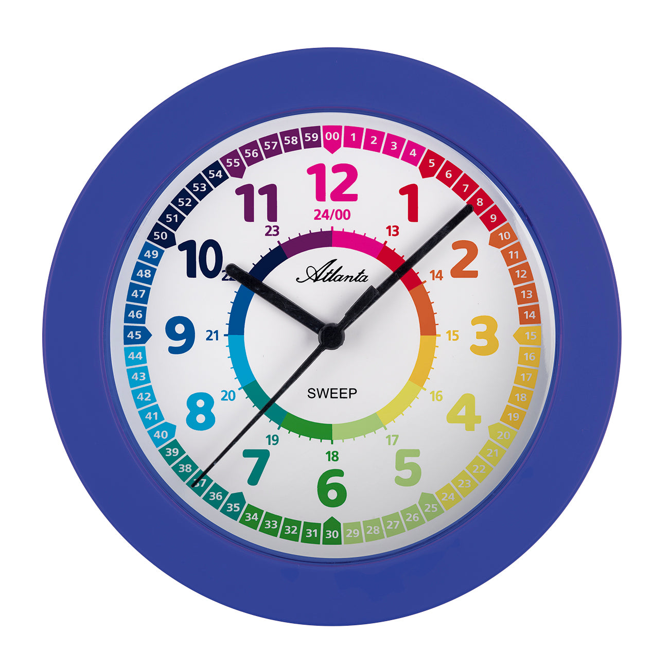 Kinder-Wanduhr mit blauem Rahmen, Lernzifferblatt mit bunten Zahlen und Zeigern