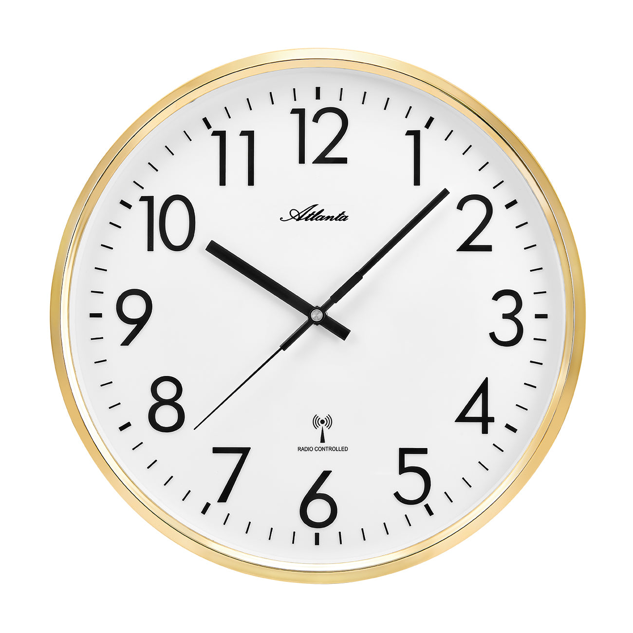Wanduhr mit goldenem Rahmen, weißem Zifferblatt, arabischen Zahlen und Funk-Icon
