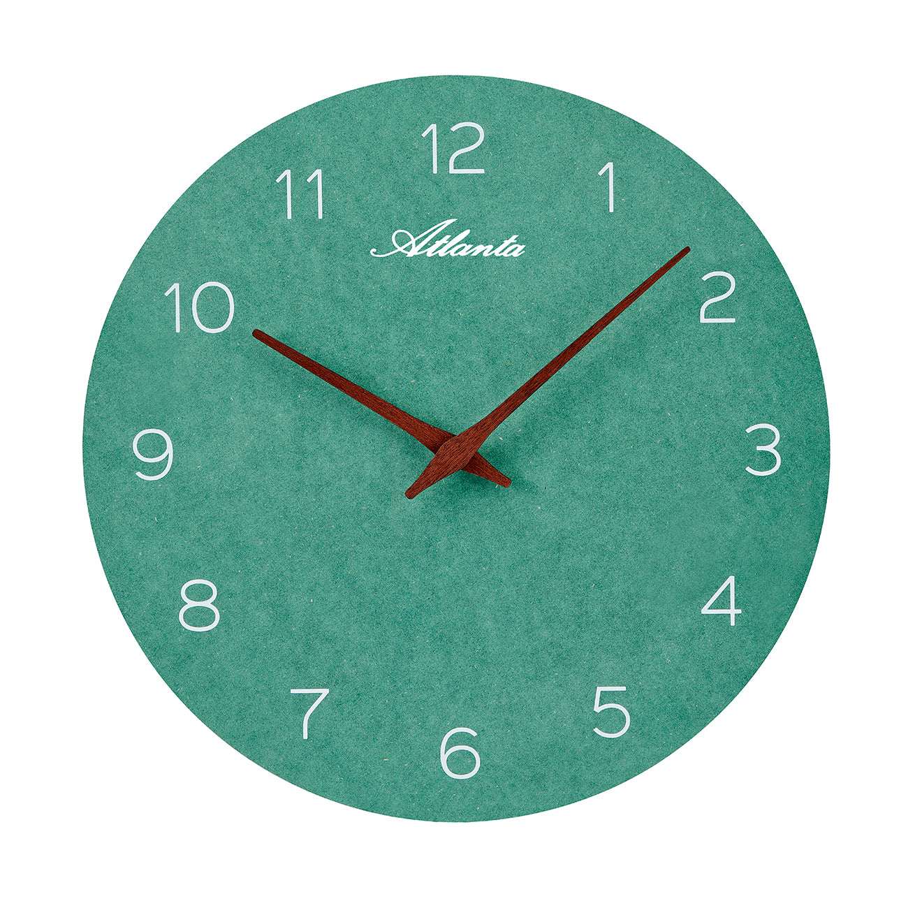 Grüne Wanduhr mit arabischen Ziffern, rotem Zeigersatz und Schriftzug Atlanta