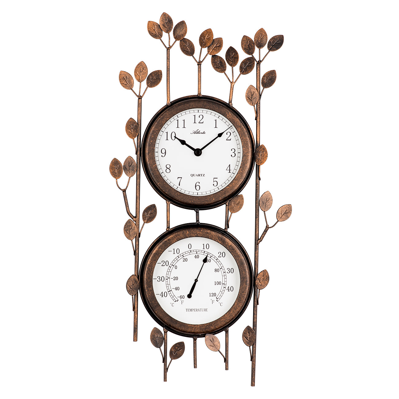 Wanduhr mit massivem Metallgehäuse, kupferfarben, rund, mit Temperaturanzeige und Blätterranke