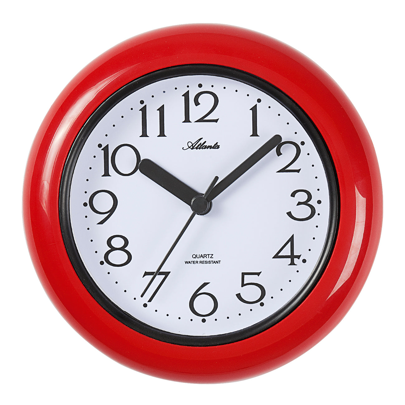 Runde Wanduhr mit rotem Gehäuse, weißem Ziffernblatt und schwarzen Zeigern