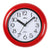 Runde Wanduhr mit rotem Gehäuse, weißem Ziffernblatt und schwarzen Zeigern