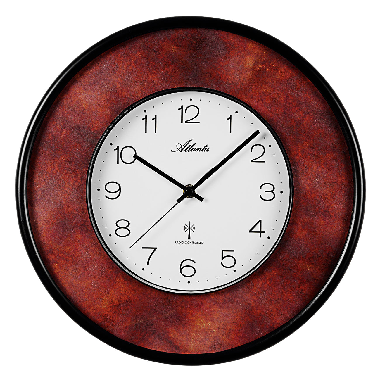 Runde Wanduhr: schwarzer Rand, rostfarbene Struktur, weißes Ziffernblatt