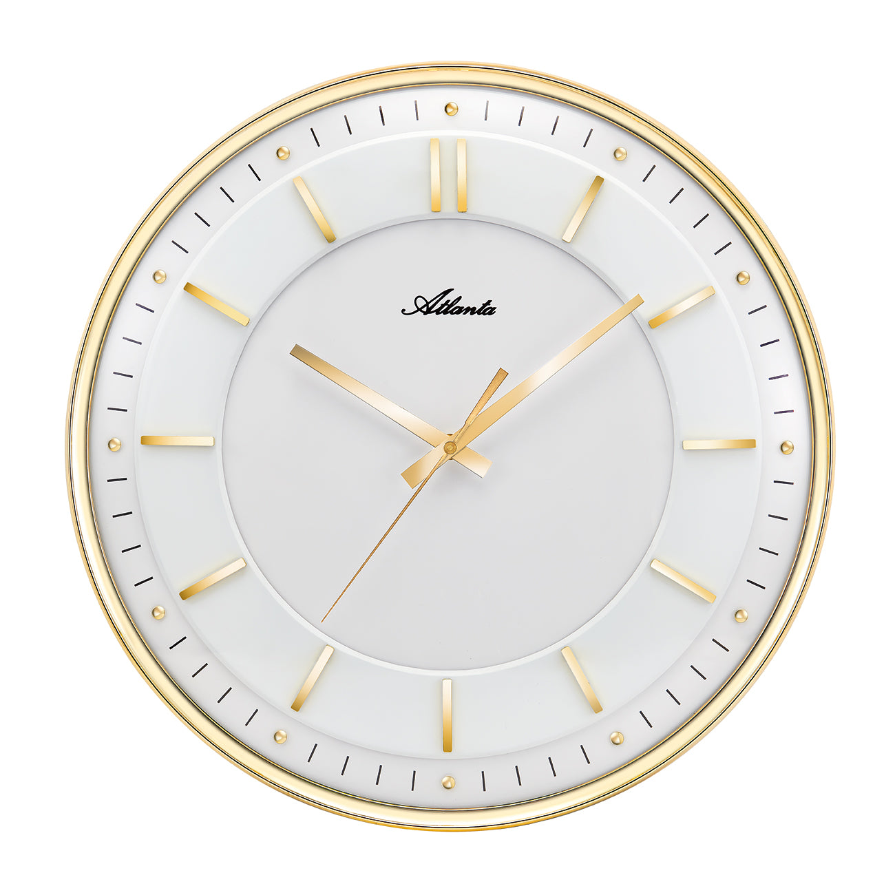 Goldfarbene Wanduhr mit rundem Zifferblatt, goldenen Zeigern und Gewölbeglas