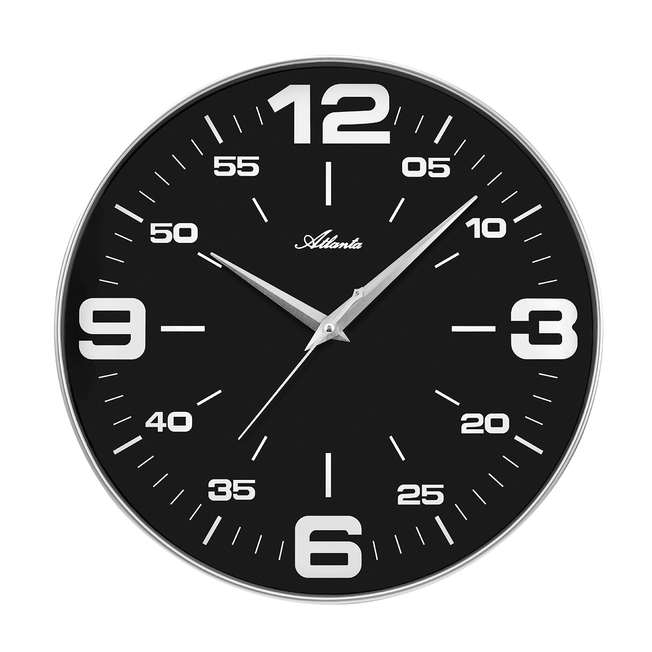 Wanduhr mit schwarzem Ziffernblatt, silberner Umrandung und arabischen Ziffern