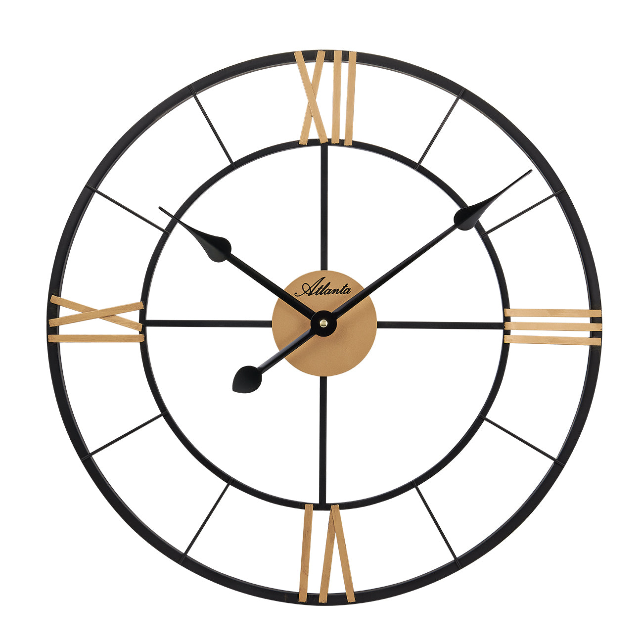 Große Wanduhr, rundes schwarzes Zifferblatt mit goldfarbenen Akzenten und schwarzen Zeigern