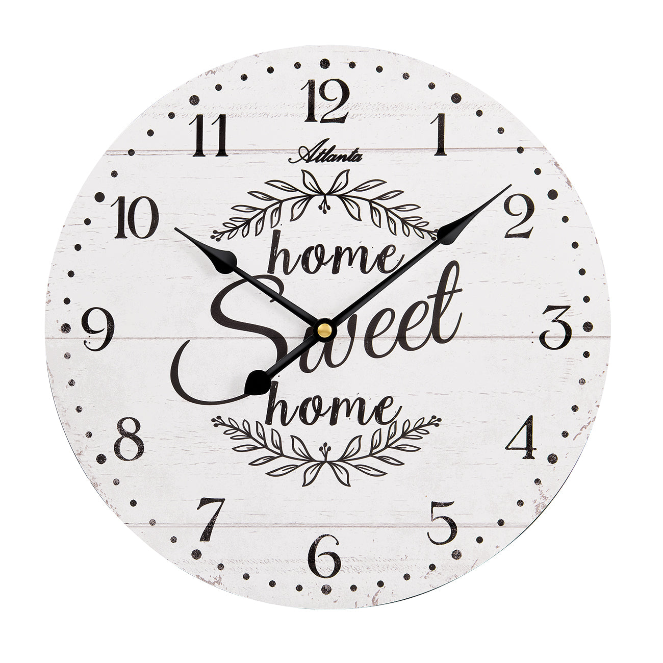 Runde Wanduhr mit arabischen Ziffern, „home sweet home“-Schrift und Blumenkranz