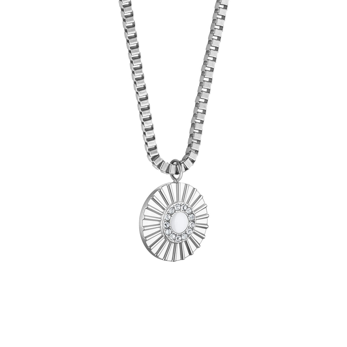 Necklace with silver-colored crystal pendant and round sparkle pattern