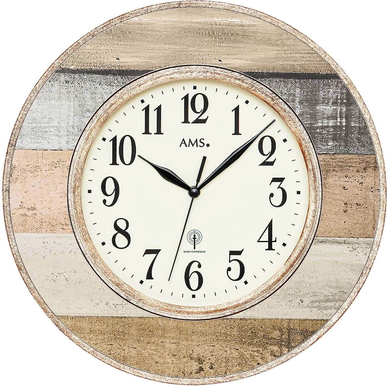 AMS Wall Clock 35 cm Ø Wood and Plastic • Radio-Controlled Quartz Movement • Clear Design
