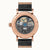 Herren-Armbanduhr-Rückseite mit schwarzem Lederarmband und roségoldfarbenem Gehäuse