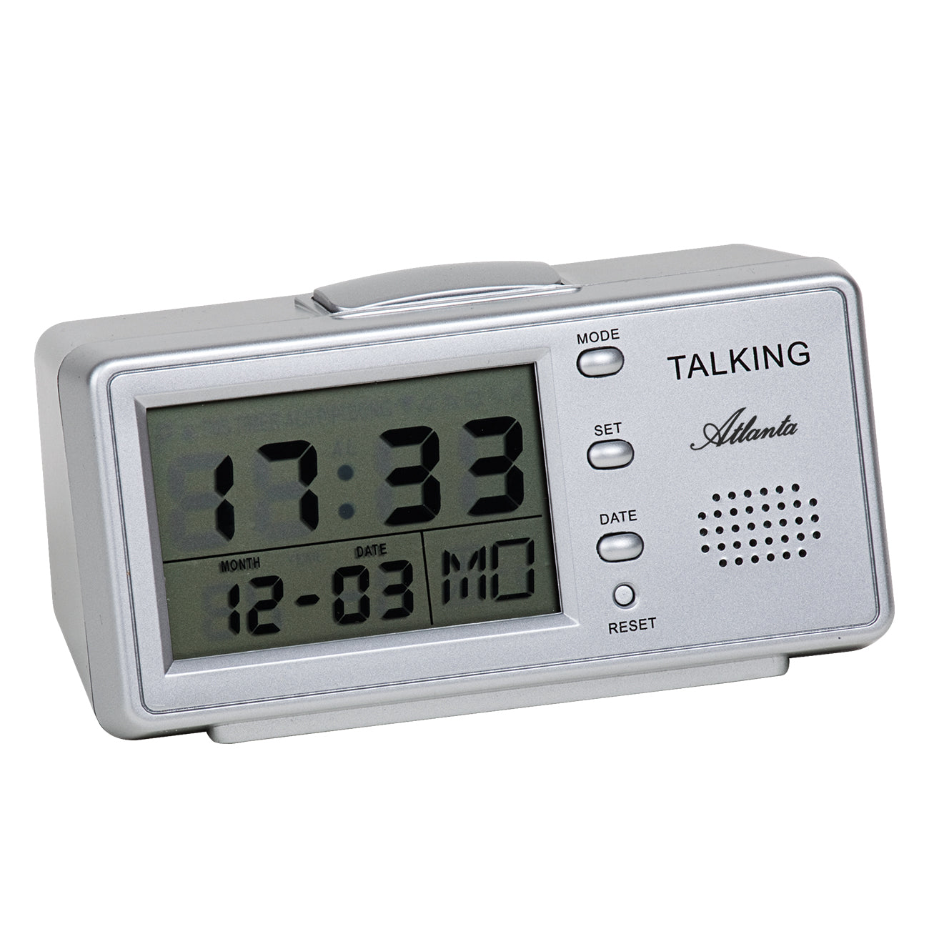 Sprechender Wecker Atlanta mit silbernem Gehäuse und LCD-Display