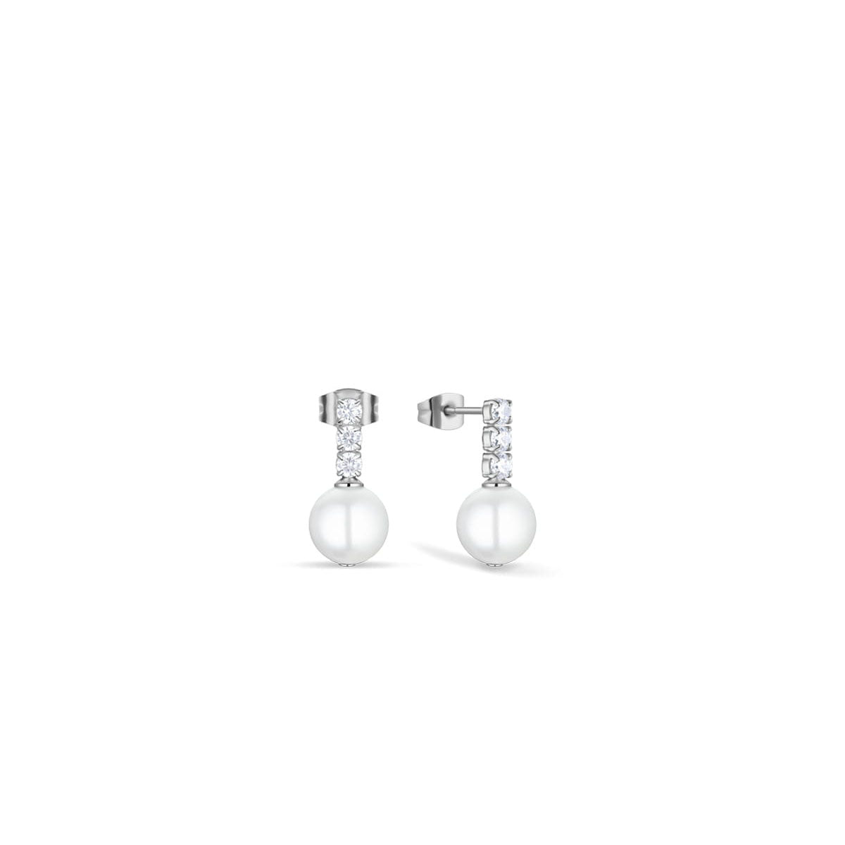 Silver stud earrings with cubic zirconia bars and white pearl balls