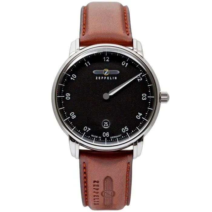 Zeppelin Captain's Line Swiss Movement 86422 Herrenuhr Schwarz • ETA F06.111 Quarzwerk • Braunes Kalbslederarmband