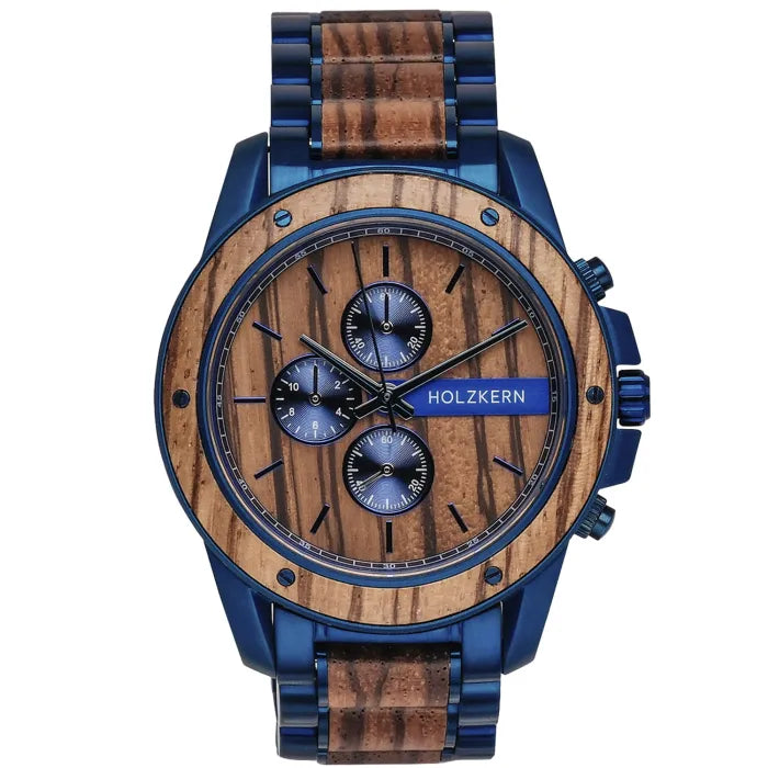 Holzkern Gareth Armbanduhr Blau-Braun • Quarzwerk • Edelstahl & Holz