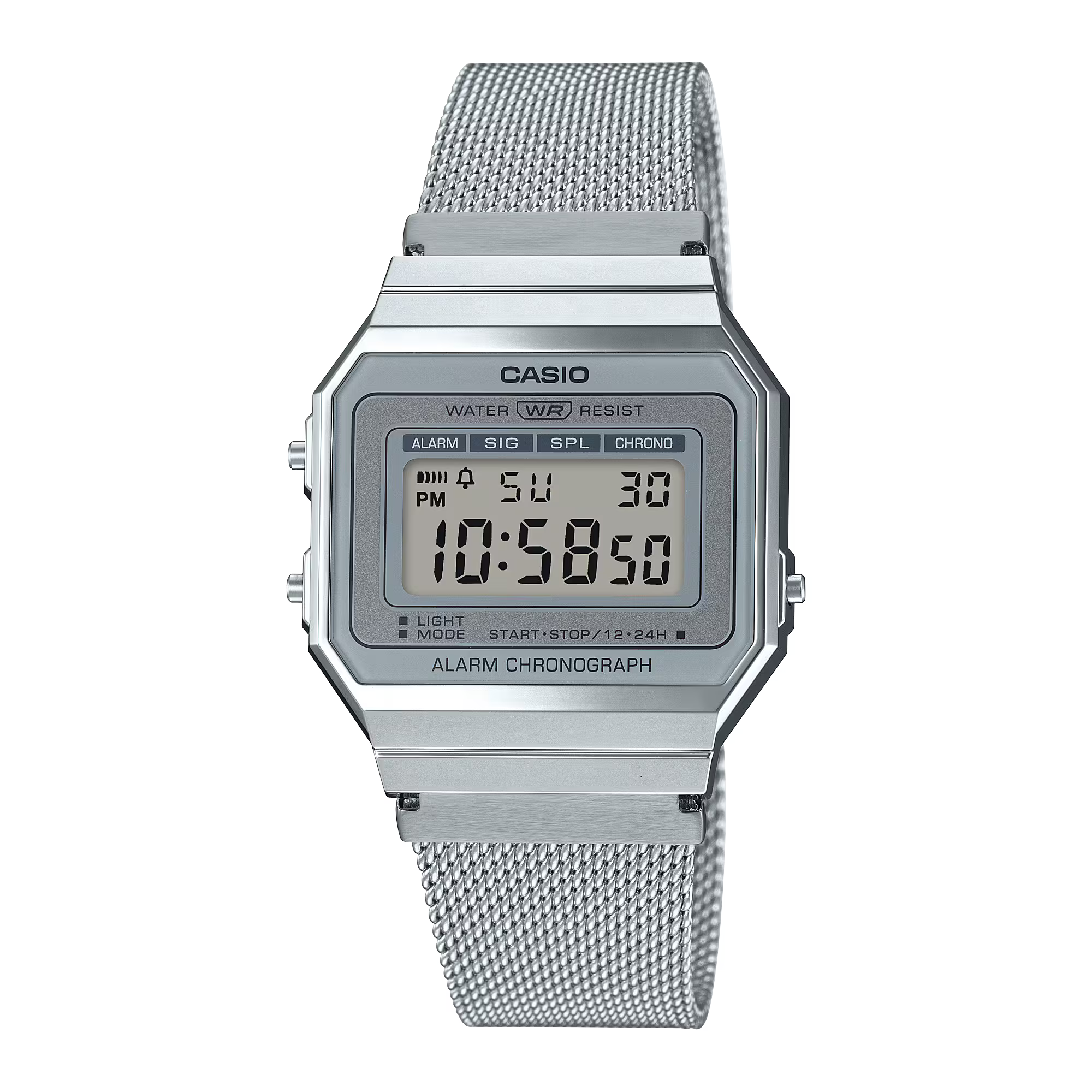 Casio Vintage watch with silver metal strap and digital LCD display