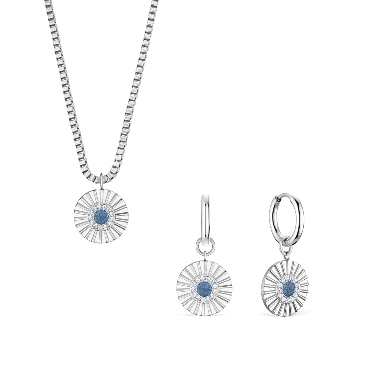 Jewelry set with necklace and earrings: round sunburst pendant with blue stone