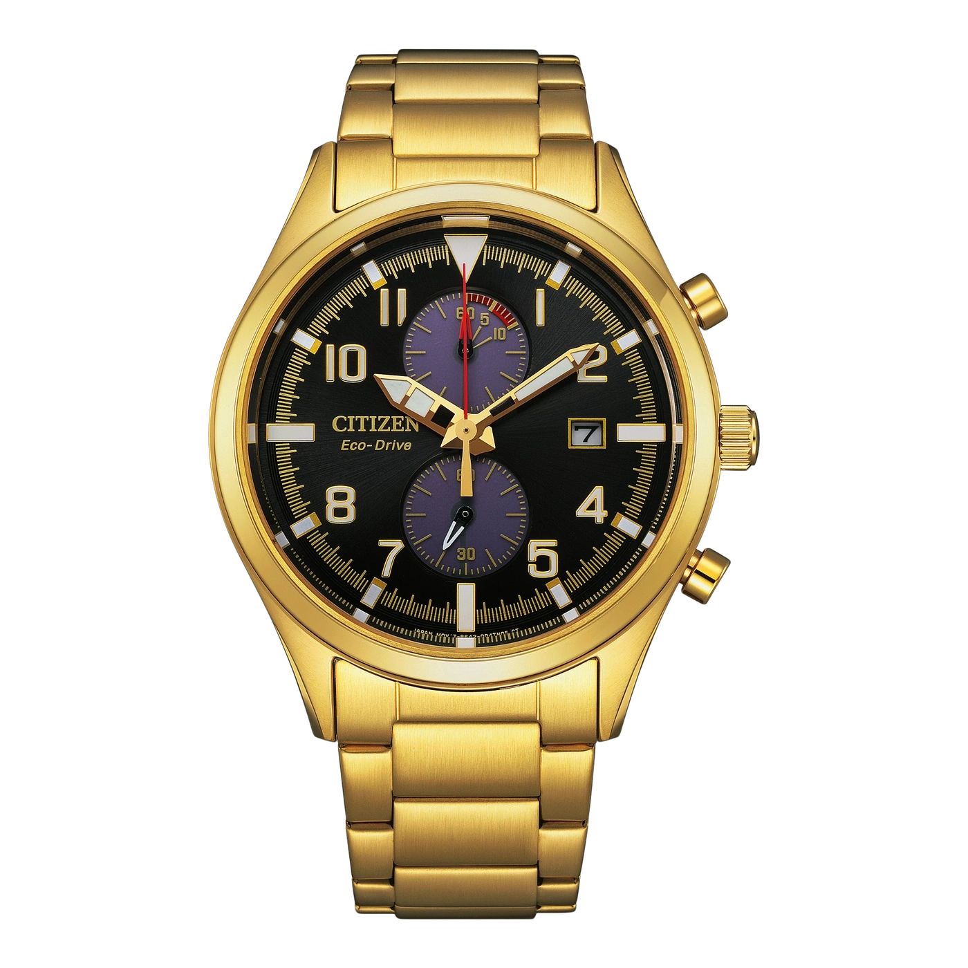 Goldfarbene Herrenuhr mit Chronograph, schwarzem Zifferblatt und Armband aus Metall